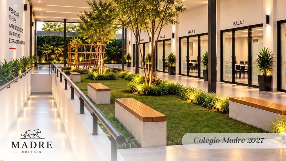 Corredor externo com bancos e jardim