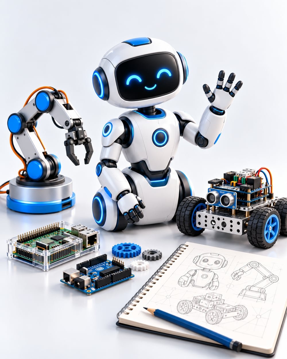 Robô e componentes eletrônicos usados em atividades de tecnologia